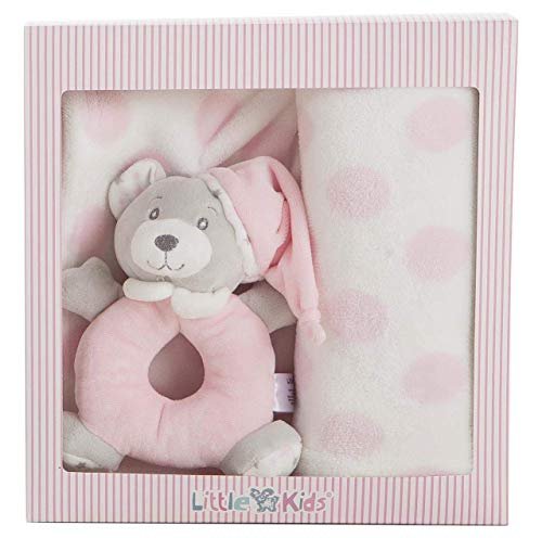 Set Regalo Bebe con Manta y Sonajero Osito Rosa