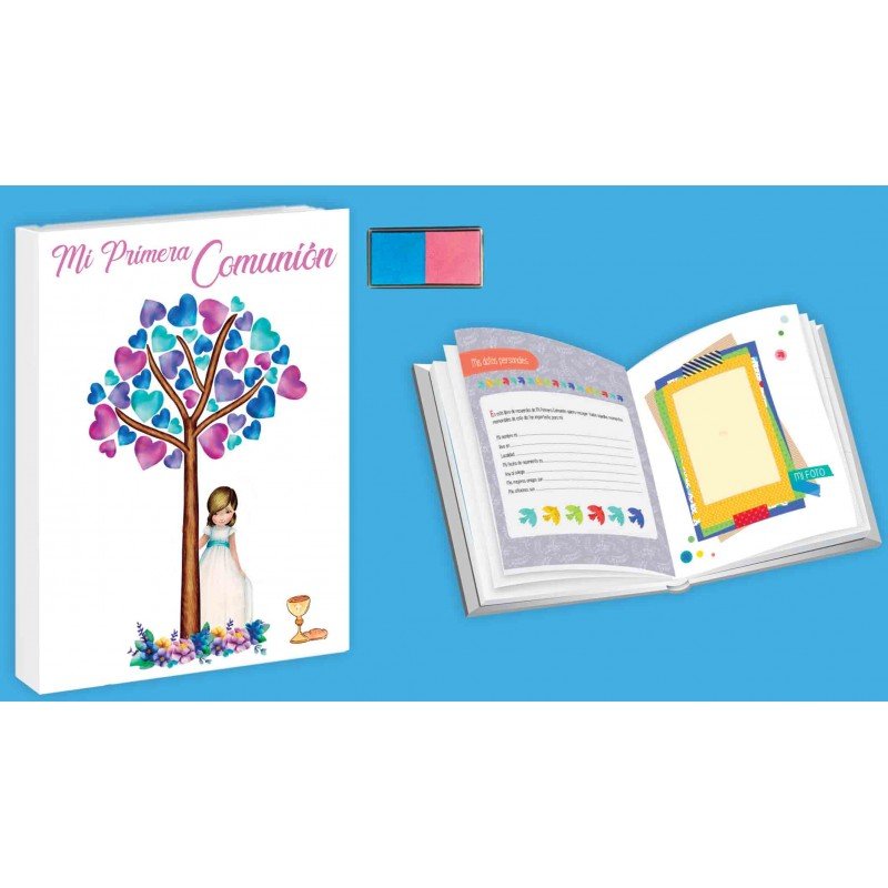Libro comunion huellas niña árbol