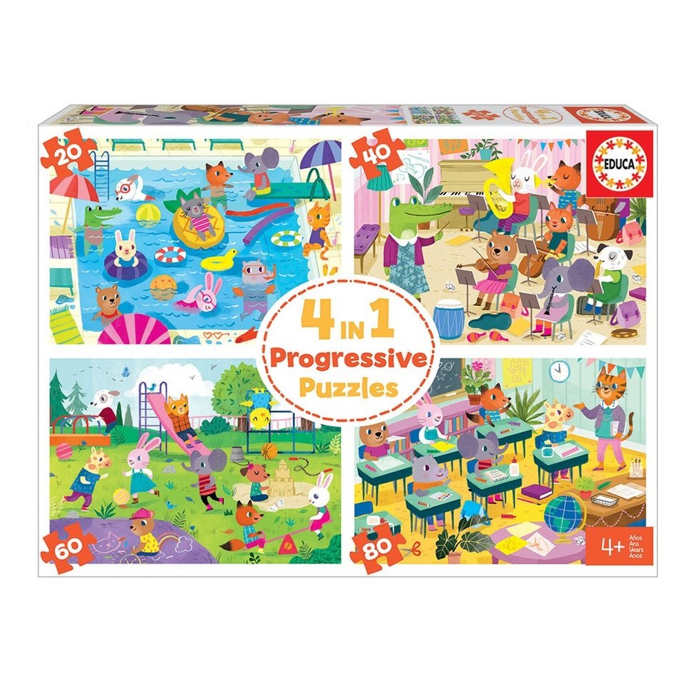 Multi Puzzle Progresivo-Un día en la Escuela - 4 en 1 Progresivo